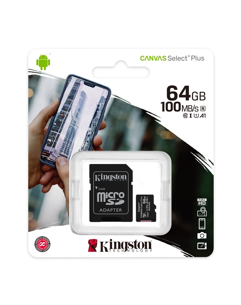 Kingston Memorijska kartica Canvas Select Plus MicroSDXC UHS-I 64GB Klasa 10 + SD Adapter